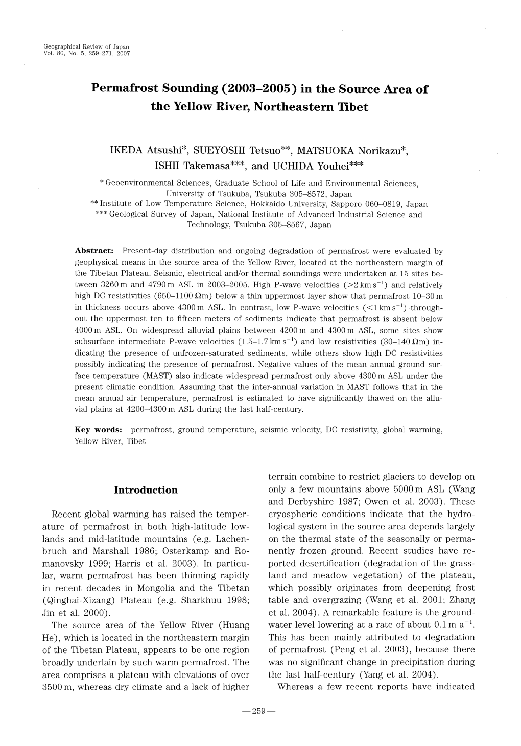 Permafrost Sounding (2003-2005) in the Source Area of the Yellow River, Northeastern Tibet