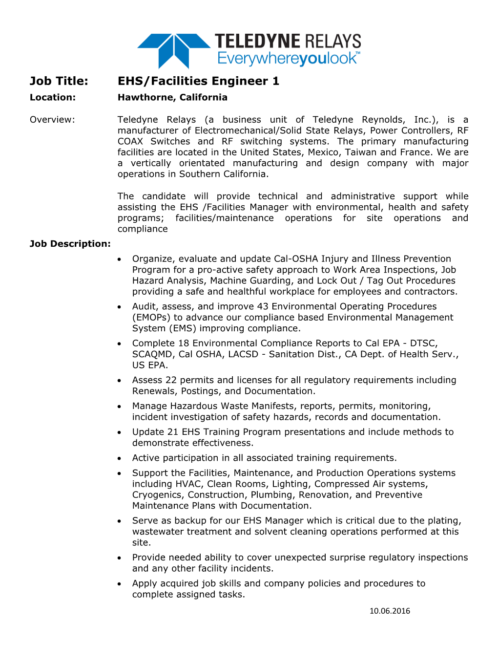 RF Test Engineer, Teledyne Relays and Coax Switches