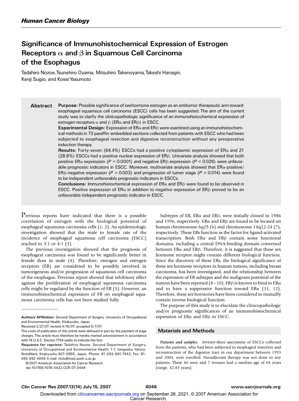 Significance of Immunohistochemical Expression of Estrogen Receptors