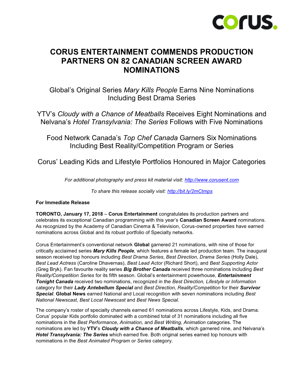 Corus Entertainment Commends Production Partners on 82 Canadian Screen Award Nominations