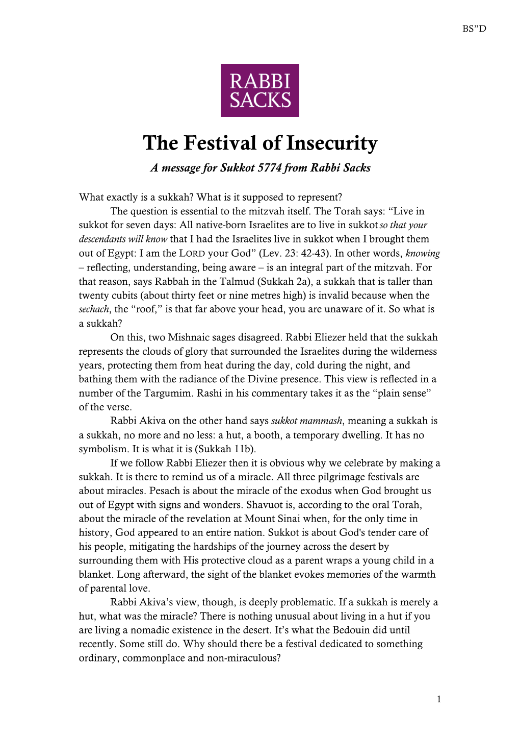 The Festival of Insecurity a Message for Sukkot 5774 from Rabbi Sacks