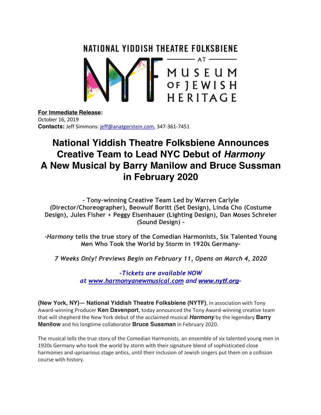 National Yiddish Theatre Folksbiene Announces Creative Team to Lead NYC Debut of Harmony a New Musical by Barry Manilow and Bruce Sussman in February 2020