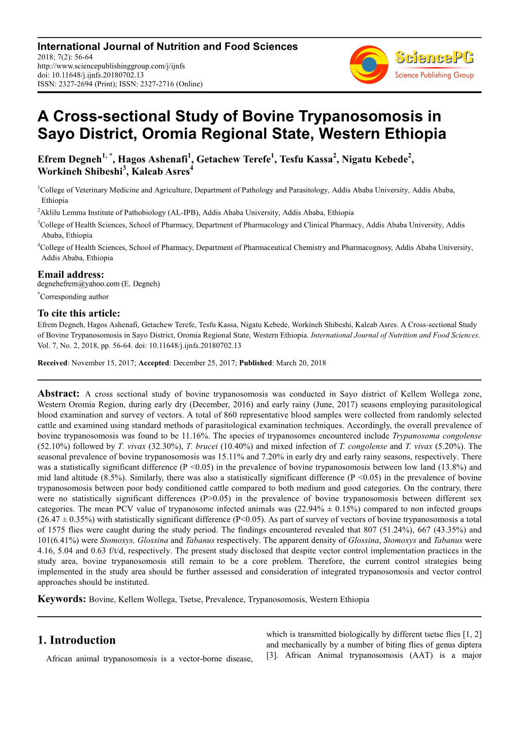 A Cross-Sectional Study of Bovine Trypanosomosis in Sayo District, Oromia Regional State, Western Ethiopia