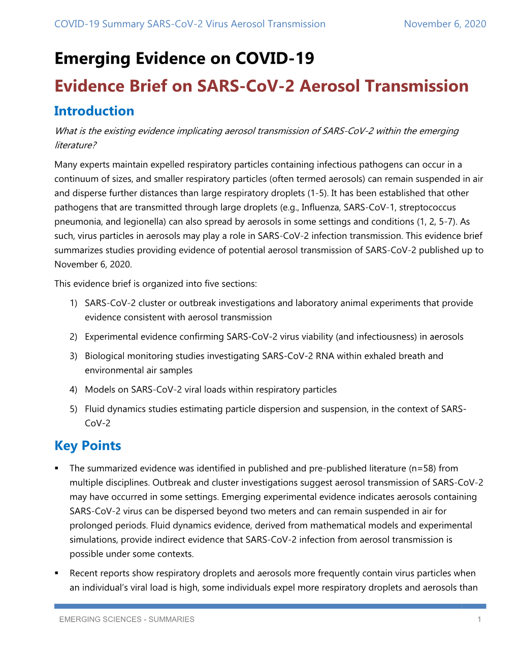Emerging Evidence on COVID-19 Evidence Brief on SARS-Cov-2 Aerosol Transmission