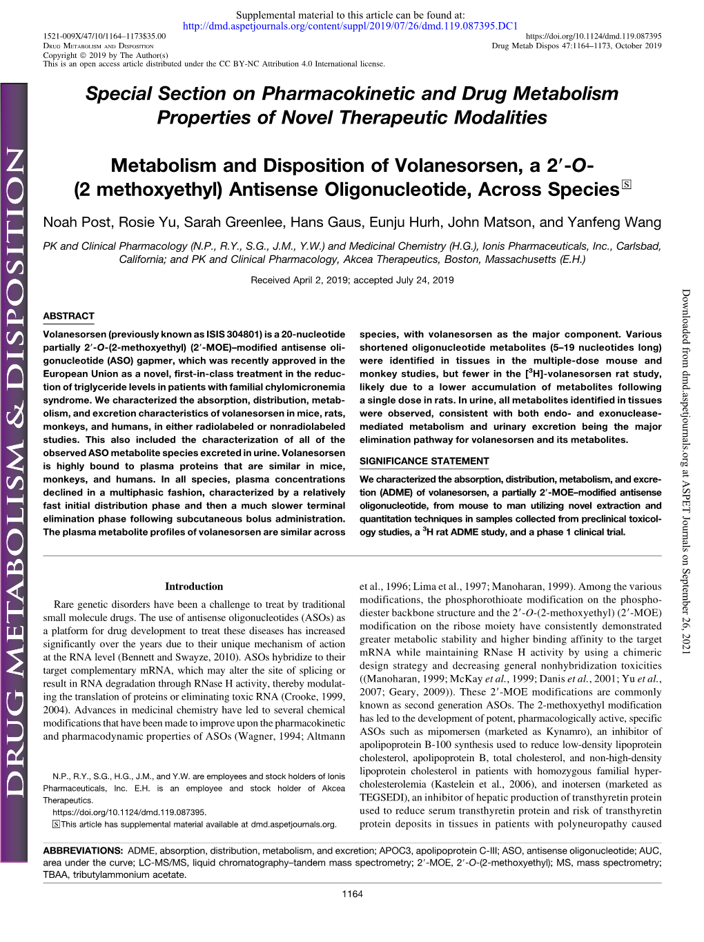 O-(2 Methoxyethyl) Antisense Oligonucleotide, Across Species