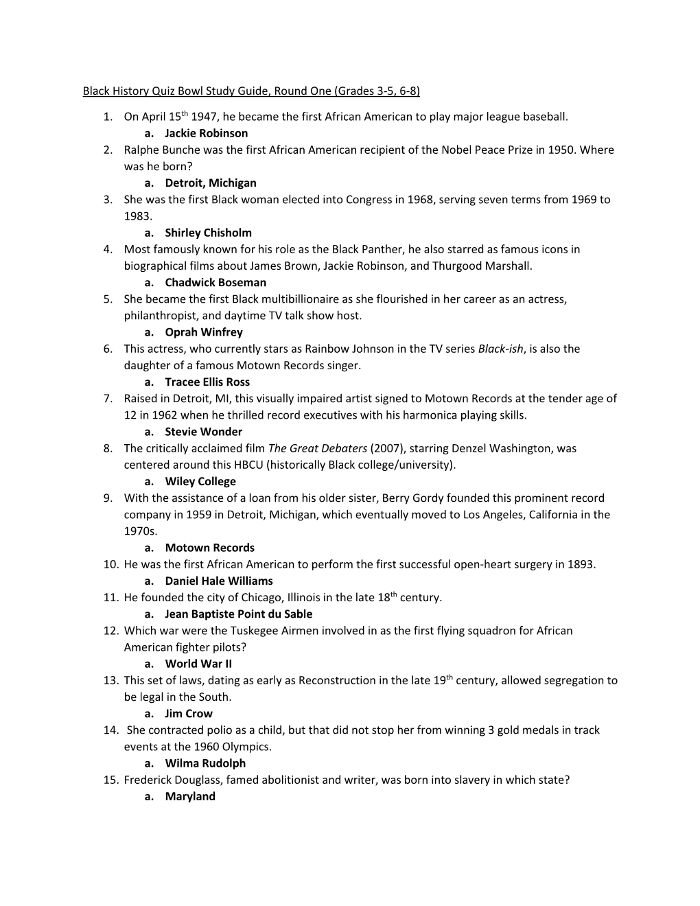 Black History Quiz Bowl Study Guide, Round One (Grades 3-5, 6-8)