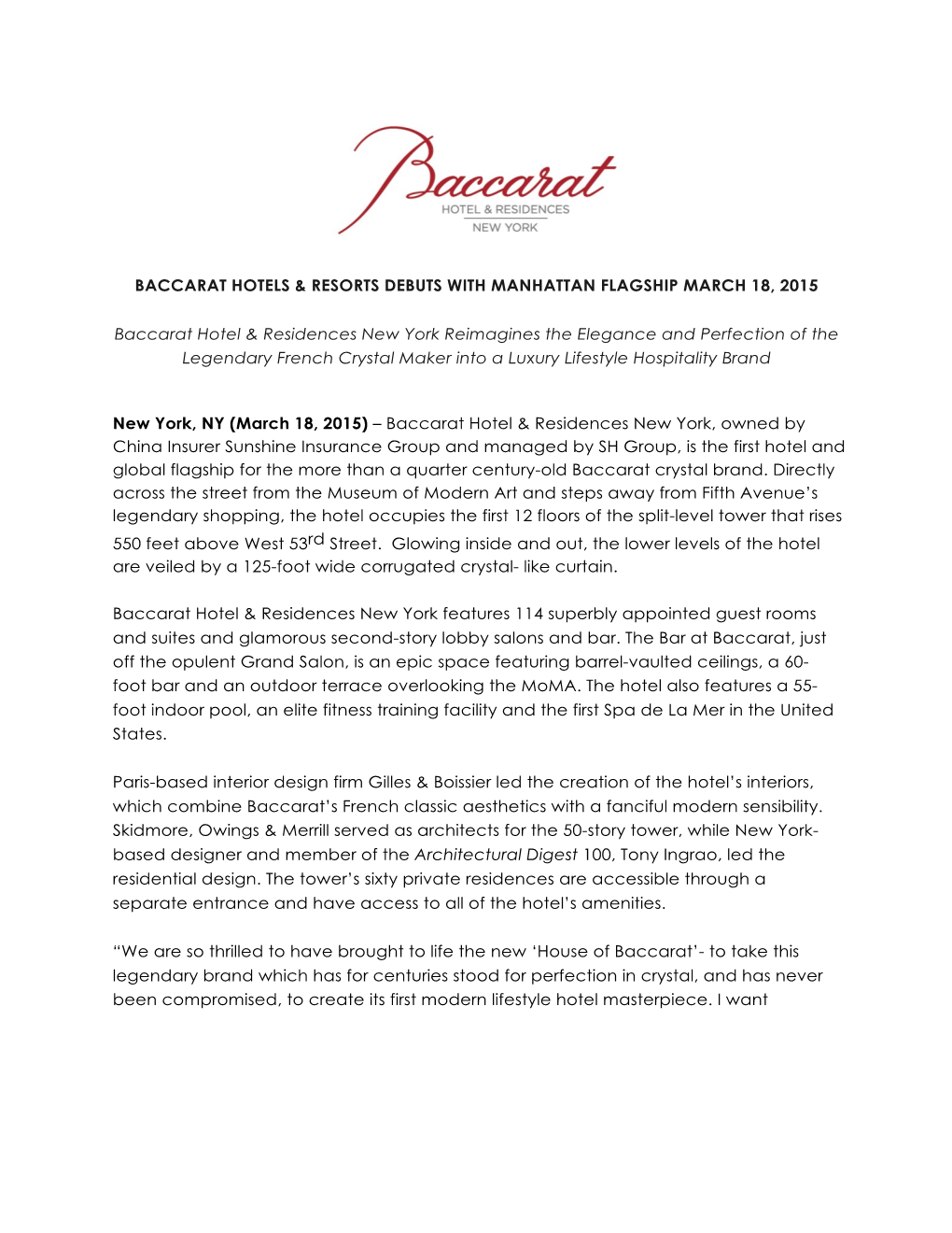 Baccarat Hotels & Resorts Debuts with Manhattan
