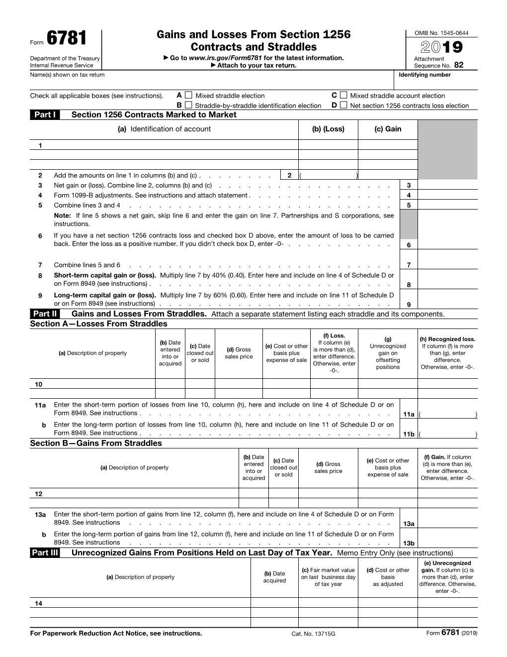 Form 6781, Gains and Losses from Section 1256 Contracts