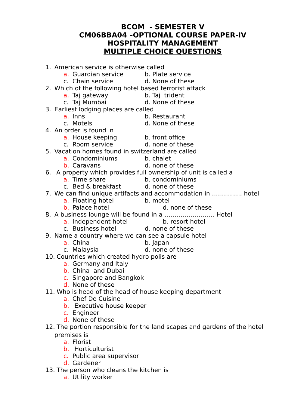 Semester V Cm06bba04 –Optional Course Paper-Iv Hospitality Management Multiple Choice Questions