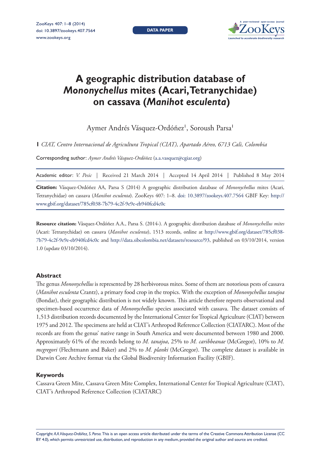 A Geographic Distribution Database of Mononychellus Mites (Acari, Tetranychidae) on Cassava (Manihot Esculenta)