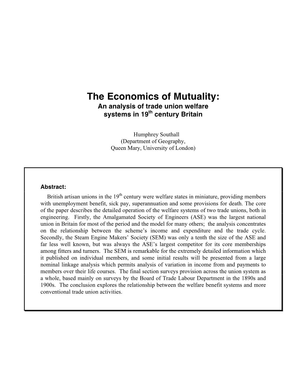 Economics of Mutuality: an Analysis of Trade Union Welfare Systems in 19Th Century Britain