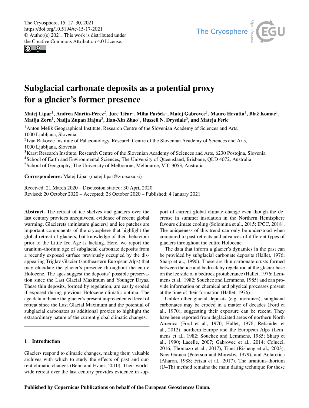 Subglacial Carbonate Deposits As a Potential Proxy for a Glacier’S Former Presence