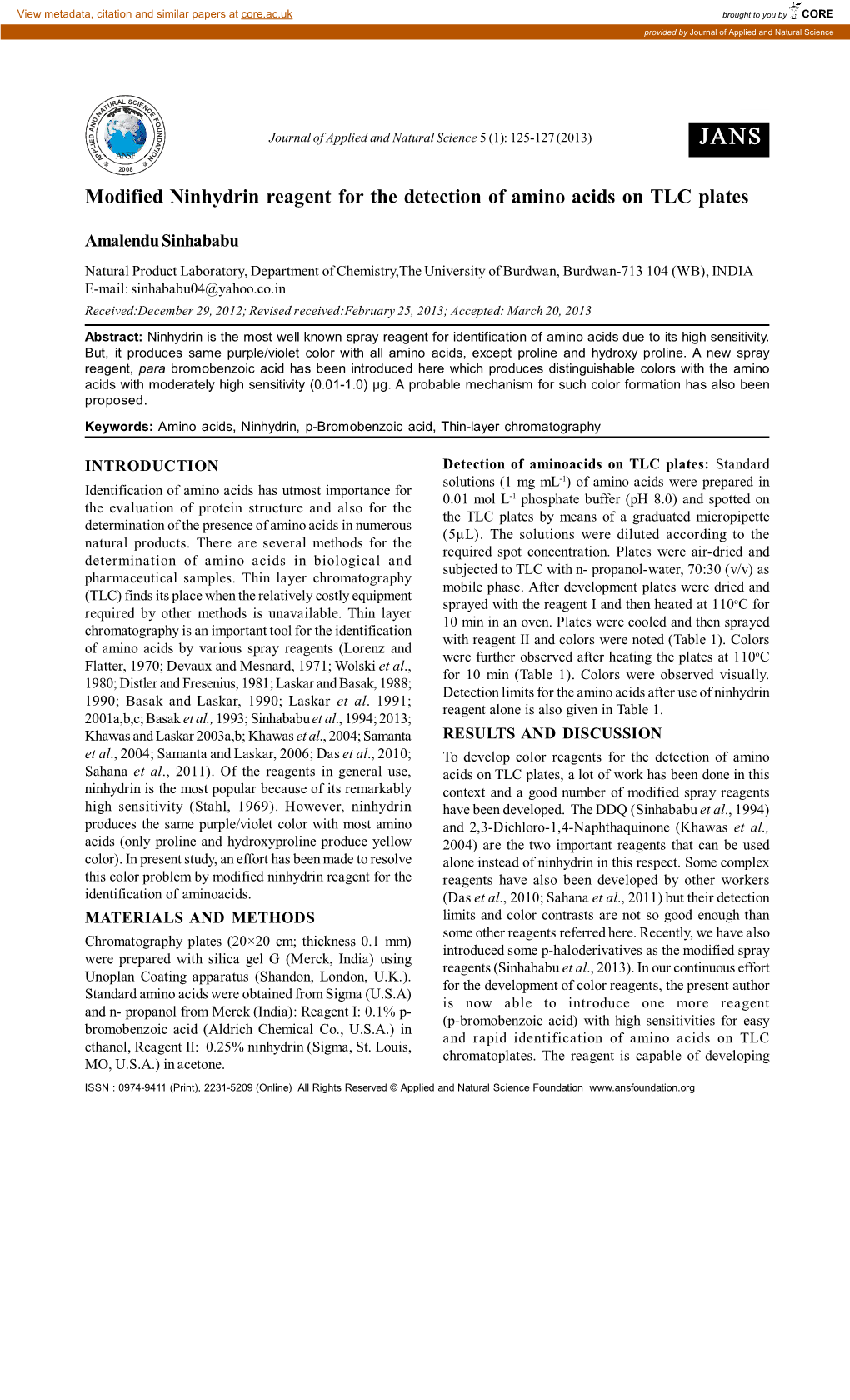 Modified Ninhydrin Reagent for the Detection of Amino Acids on TLC Plates