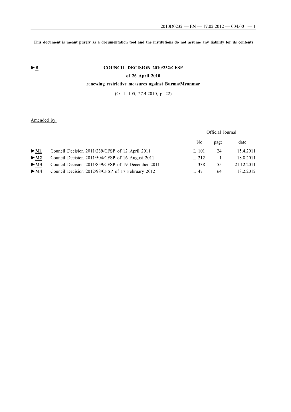 B COUNCIL DECISION 2010/232/CFSP of 26 April 2010 Renewing Restrictive Measures Against Burma/Myanmar