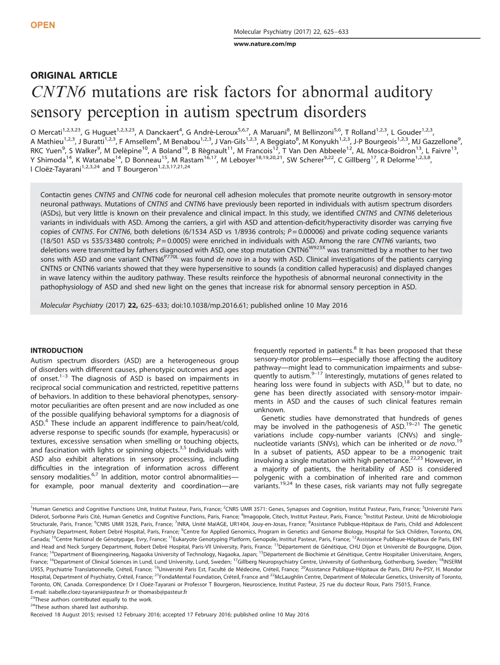 CNTN6 Mutations Are Risk Factors for Abnormal Auditory Sensory Perception in Autism Spectrum Disorders