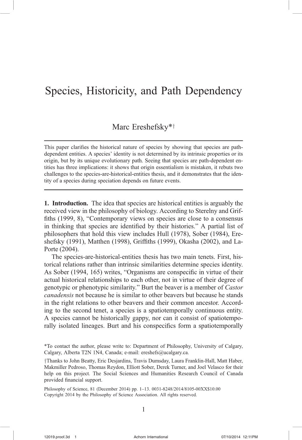 Species, Historicity, and Path Dependency