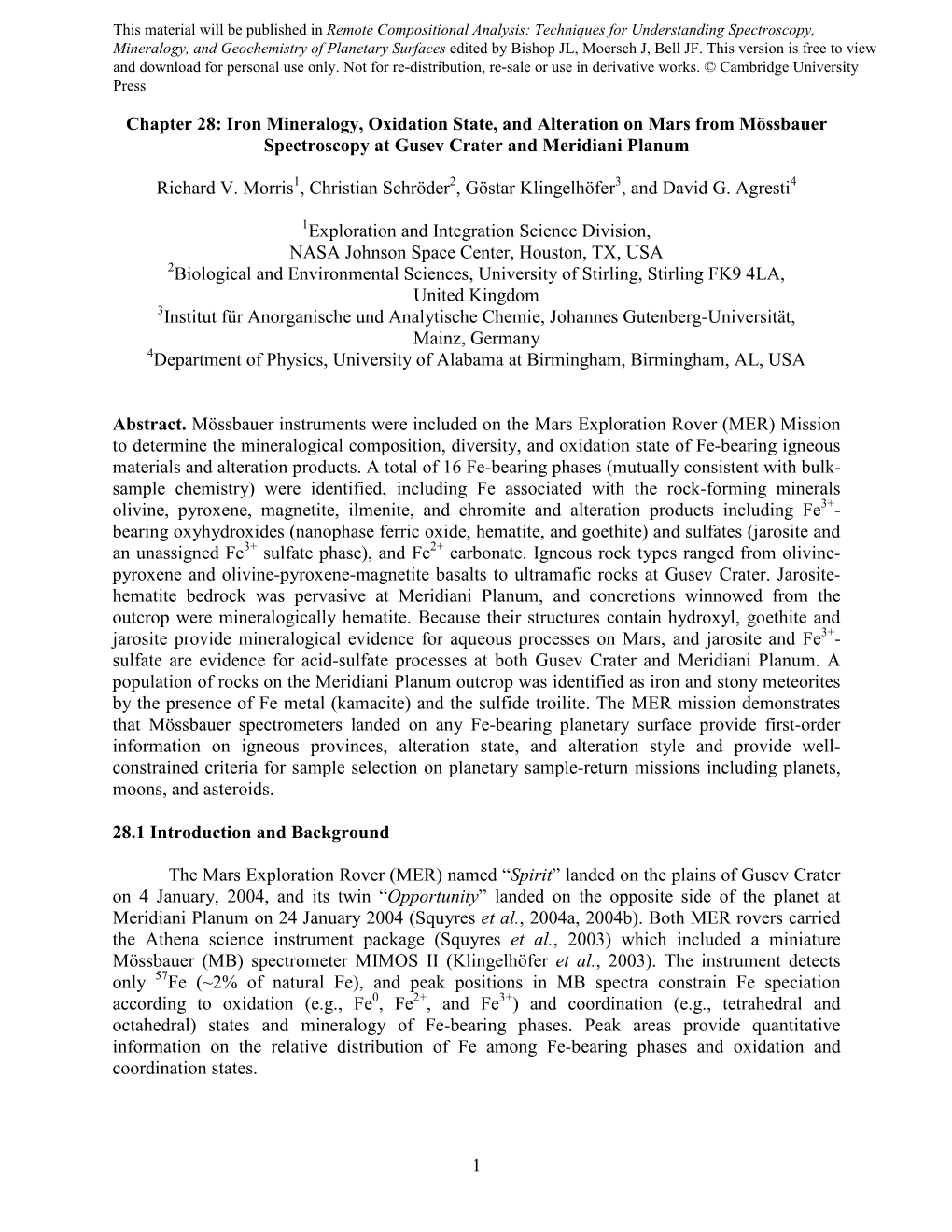 Iron Mineralogy, Oxidation State, and Alteration on Mars from Mössbauer Spectroscopy at Gusev Crater and Meridiani Planum