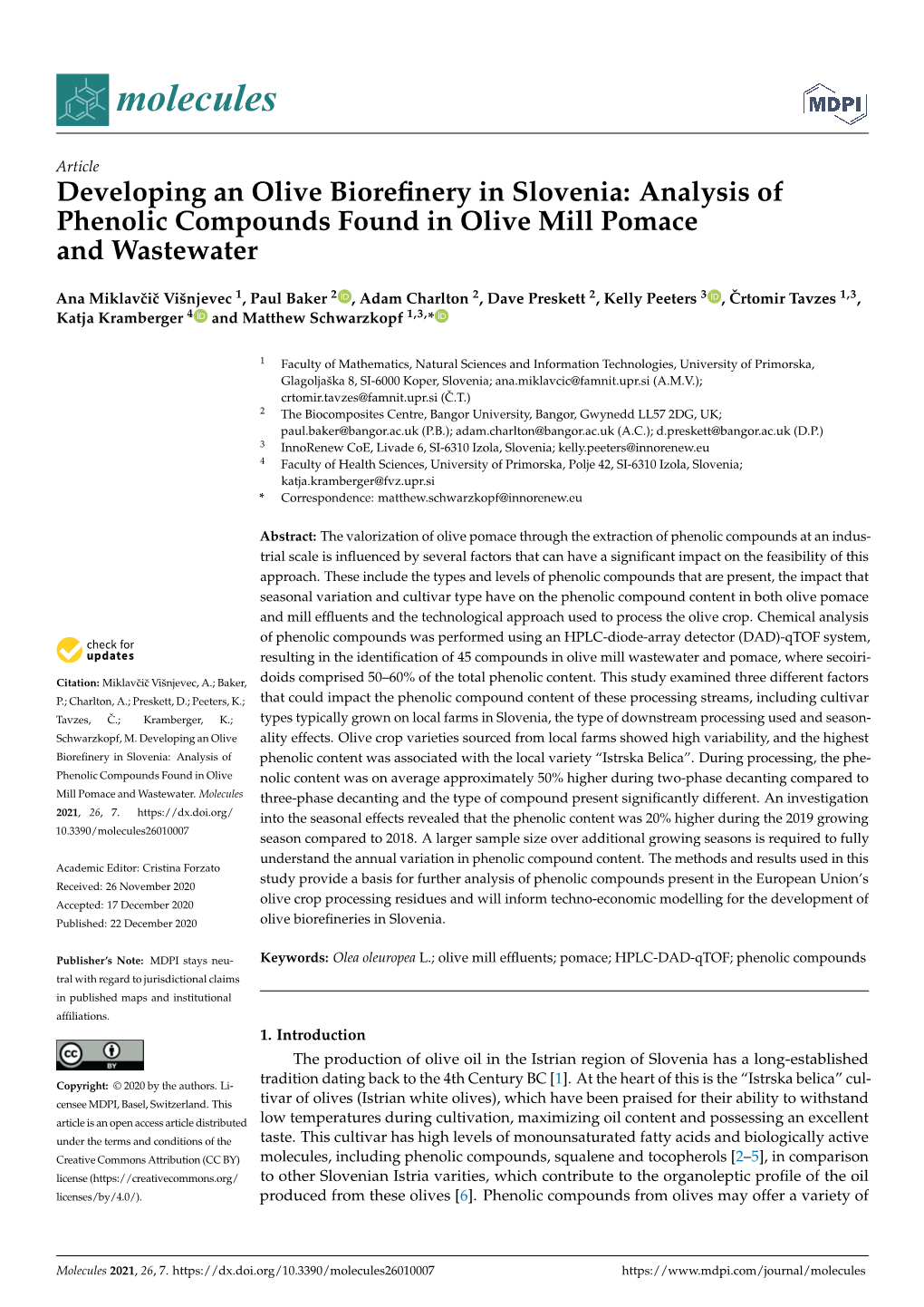 Analysis of Phenolic Compounds Found in Olive Mill Pomace and Wastewater