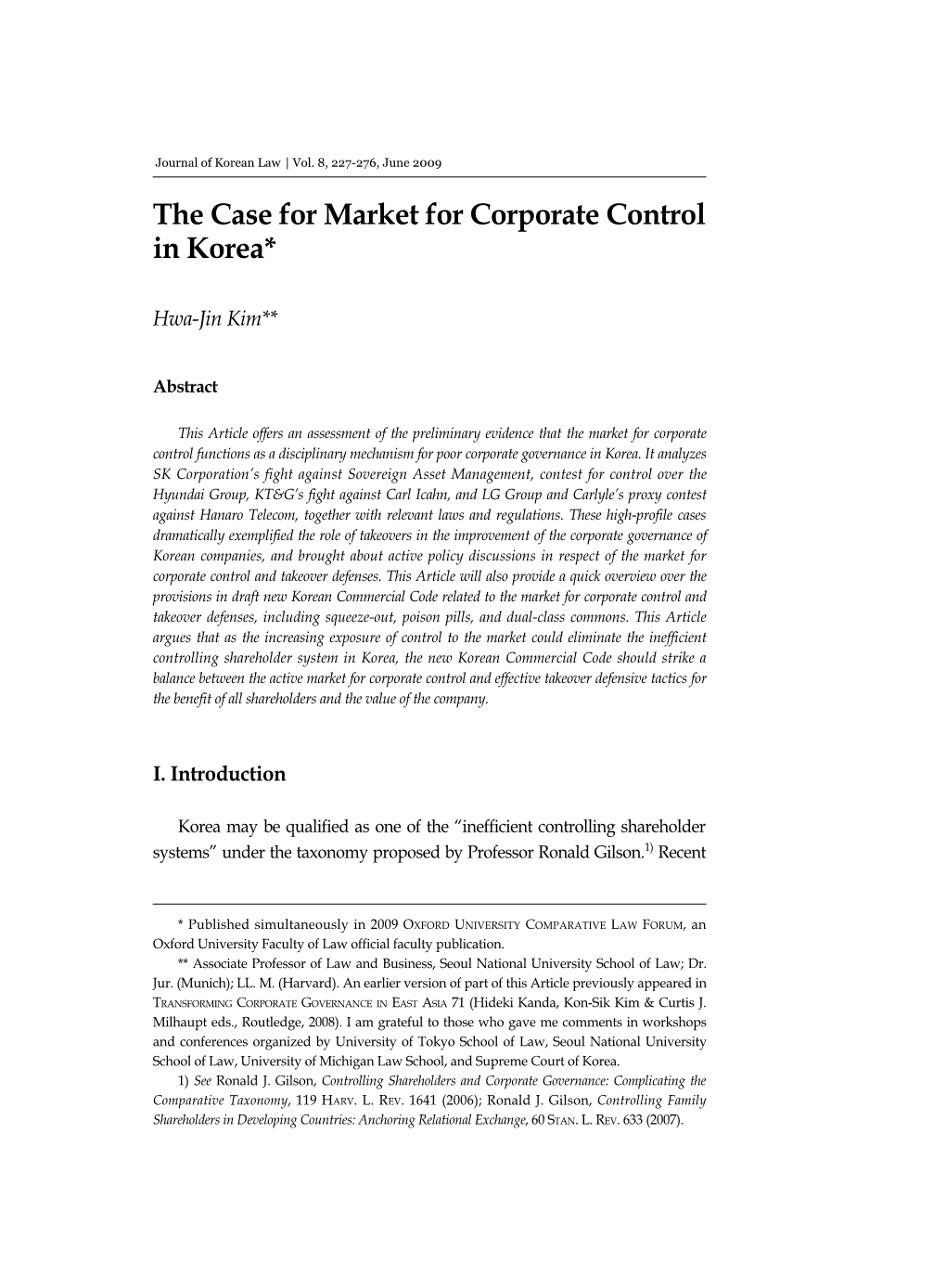 The Case for Market for Corporate Control in Korea*
