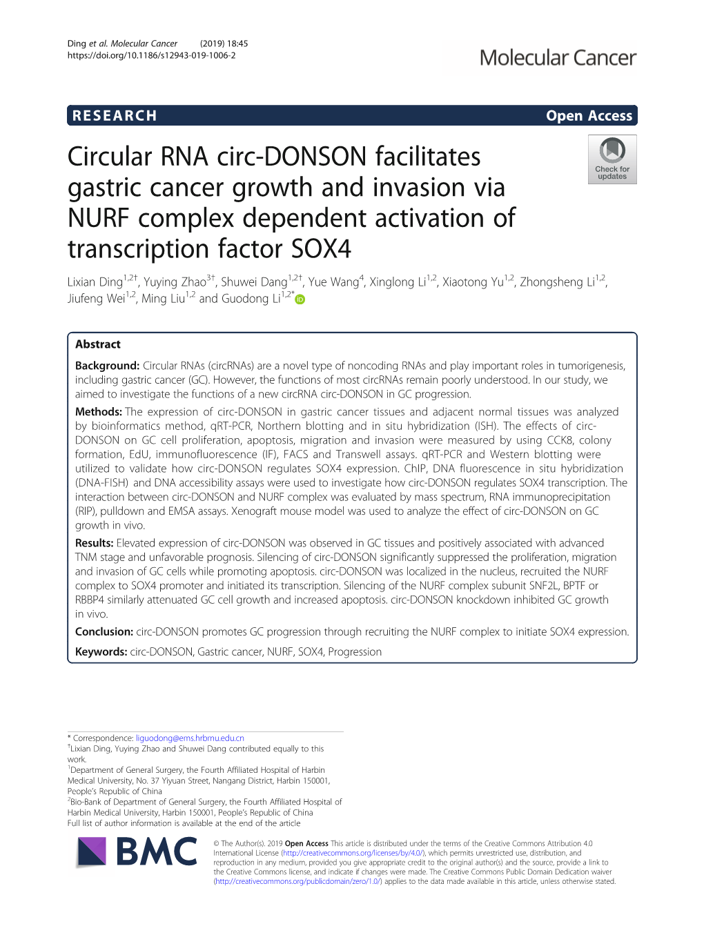Circular RNA Circ-DONSON Facilitates Gastric Cancer Growth and Invasion Via NURF Complex Dependent Activation of Transcription F