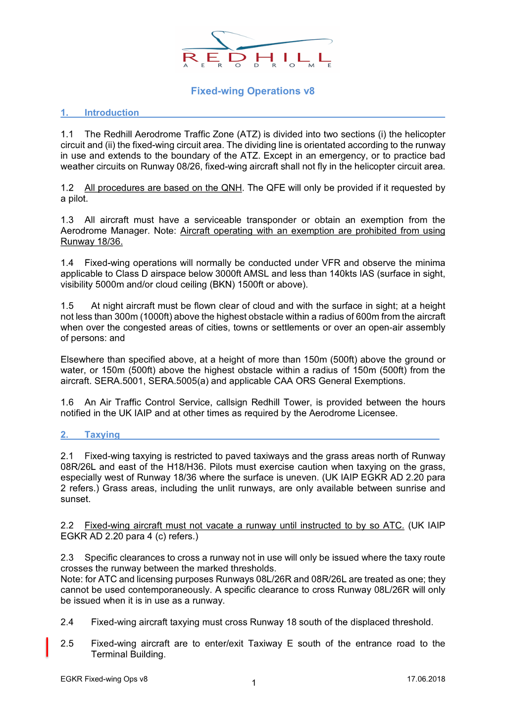 Guide to Fixed Wing Operations at Redhill