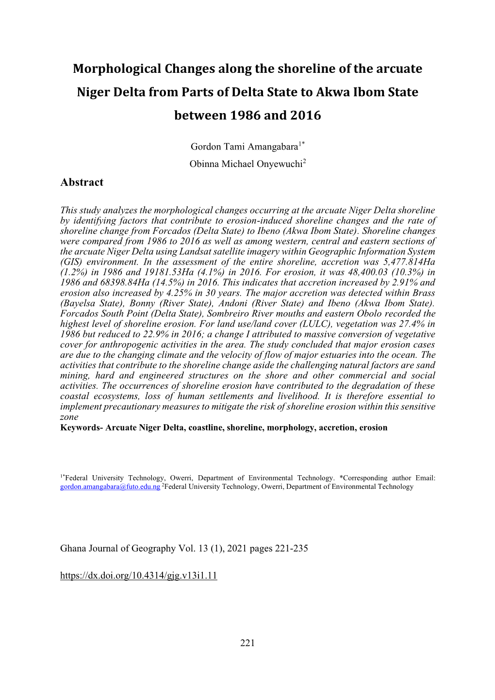 Morphological Changes Along the Shoreline of the Arcuate Niger Delta from Parts of Delta State to Akwa Ibom State Between 1986 and 2016