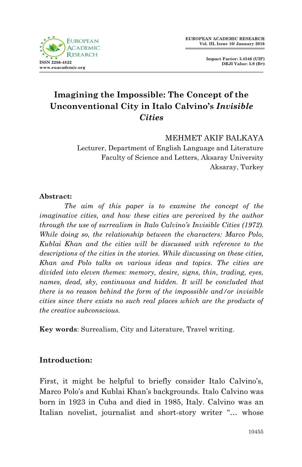 The Concept of the Unconventional City in Italo Calvino's Invisible Cities