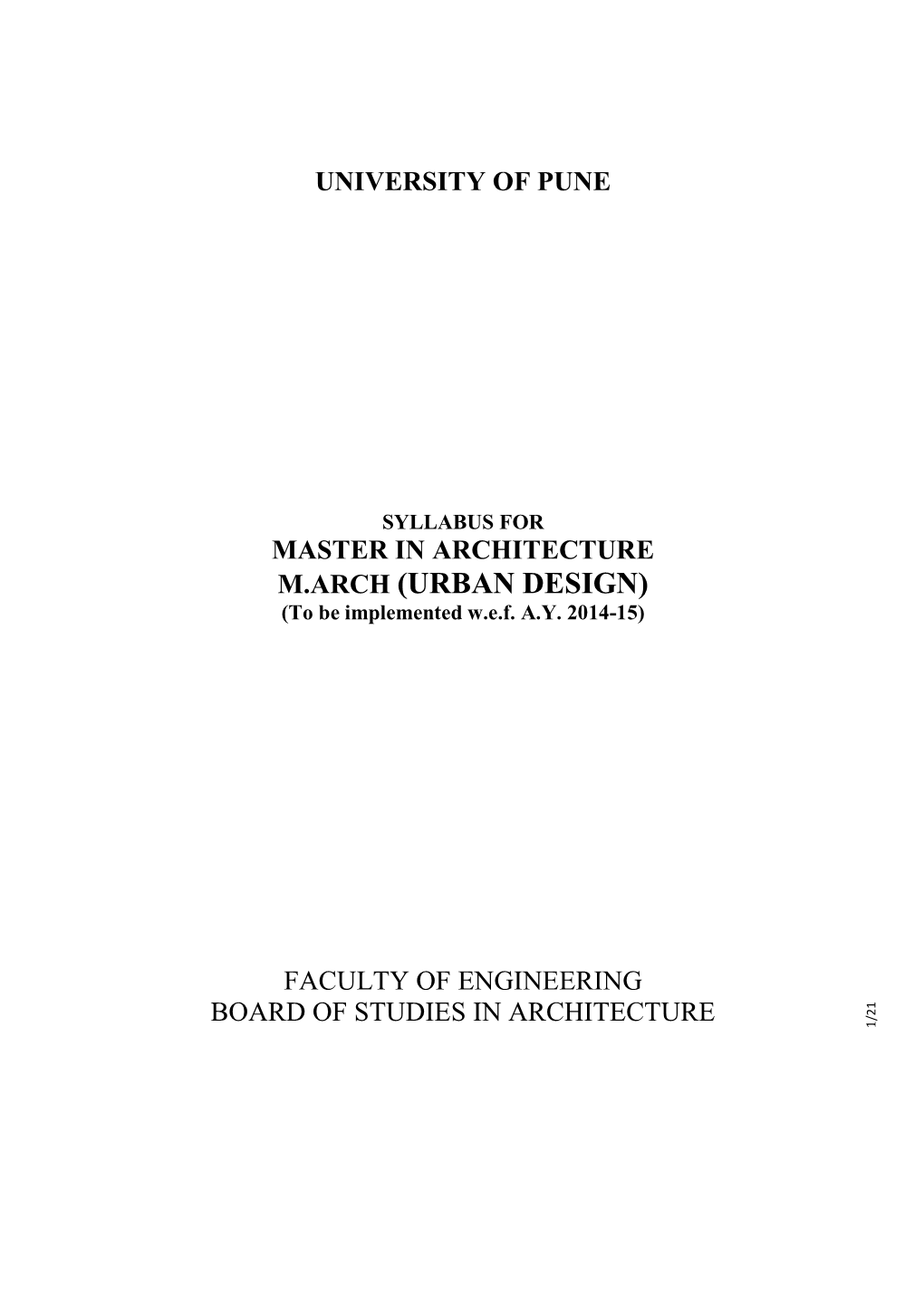 MASTER in ARCHITECTURE M.ARCH (URBAN DESIGN) (To Be Implemented W.E.F