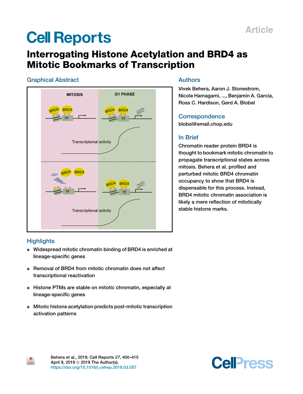 Interrogating Histone Acetylation and BRD4 As Mitotic Bookmarks of Transcription