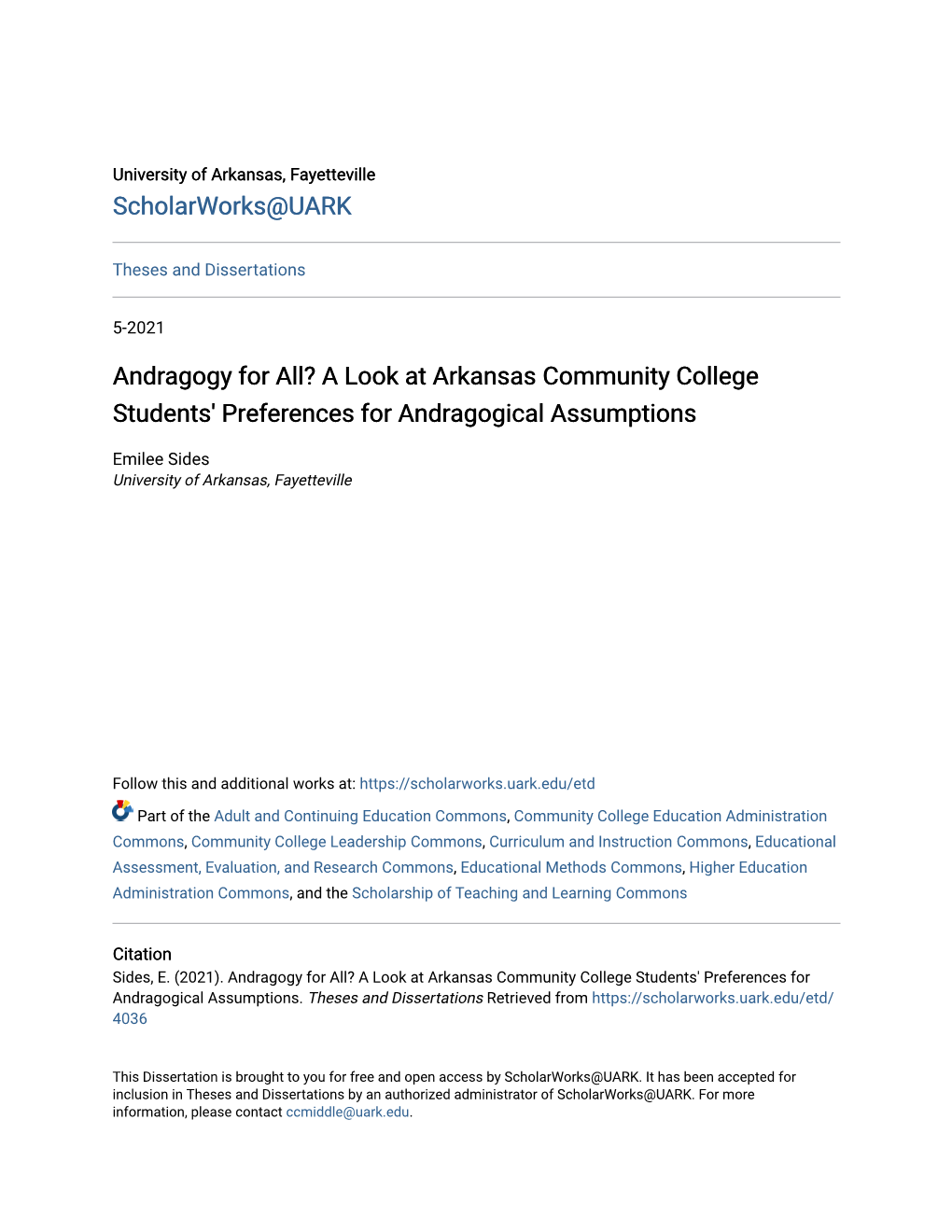 Andragogy for All? a Look at Arkansas Community College Students' Preferences for Andragogical Assumptions