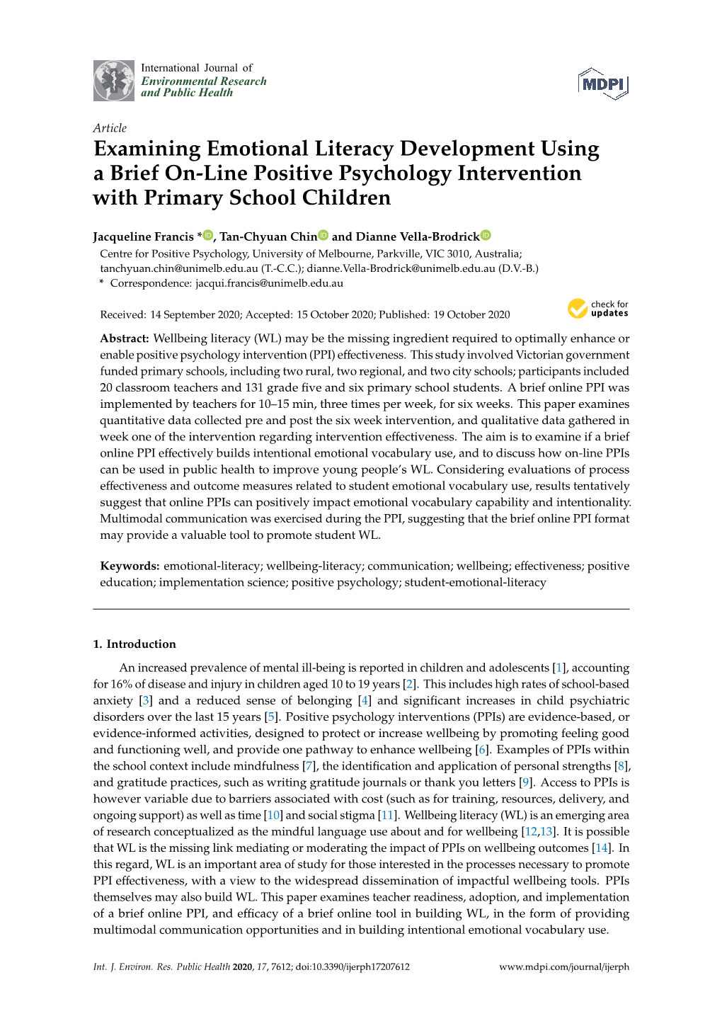 Examining Emotional Literacy Development Using a Brief On-Line Positive Psychology Intervention with Primary School Children