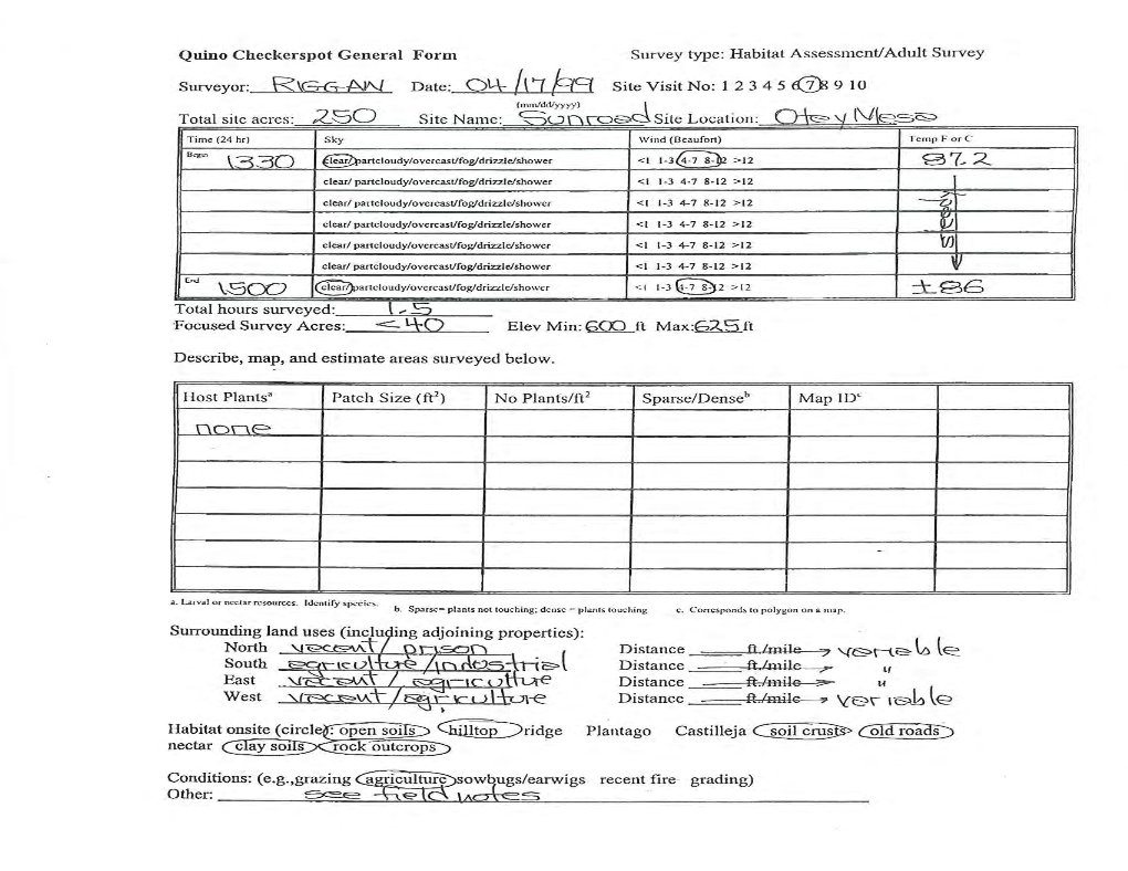 Report of a Federal Protocol Survey for the Quino Checkerspot Butterfly Over the Sunroad Centrum 250 Property County of San Diego, California