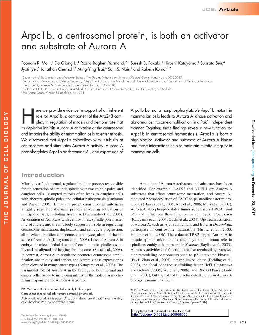 Arpc1b, a Centrosomal Protein, Is Both an Activator and Substrate of Aurora A