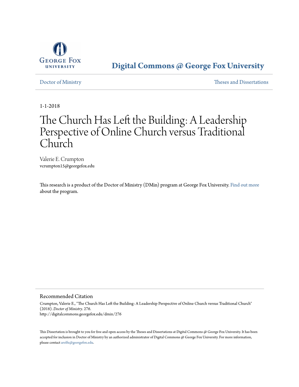 A Leadership Perspective of Online Church Versus Traditional Church Valerie E