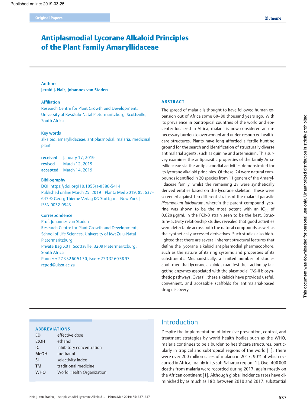 Antiplasmodial Lycorane Alkaloid Principles of the Plant Family Amaryllidaceae