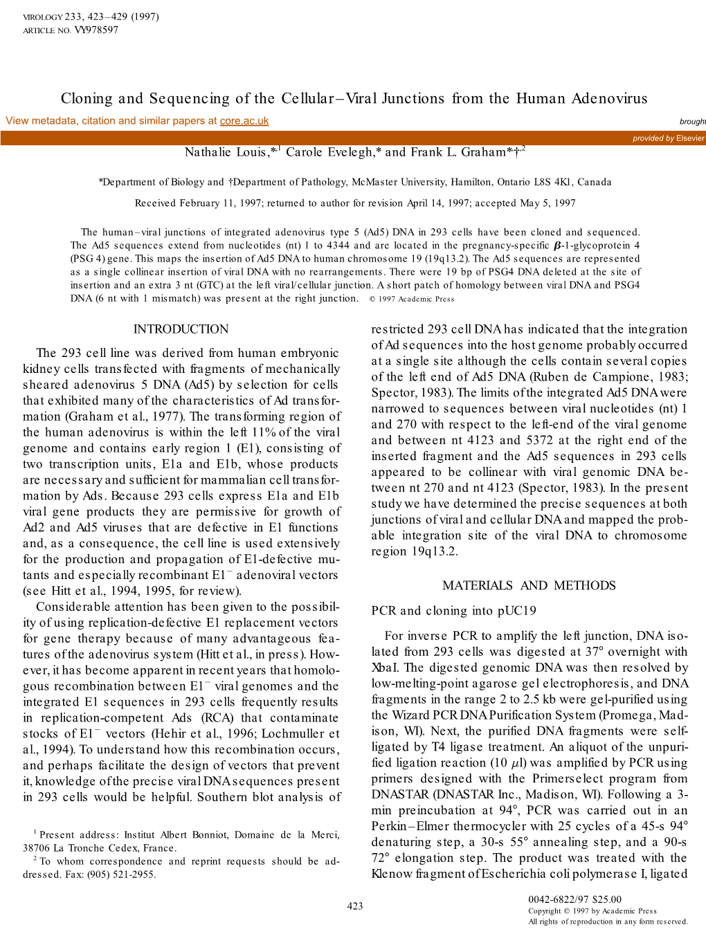 Cloning and Sequencing of the Cellular-Viral Junctions