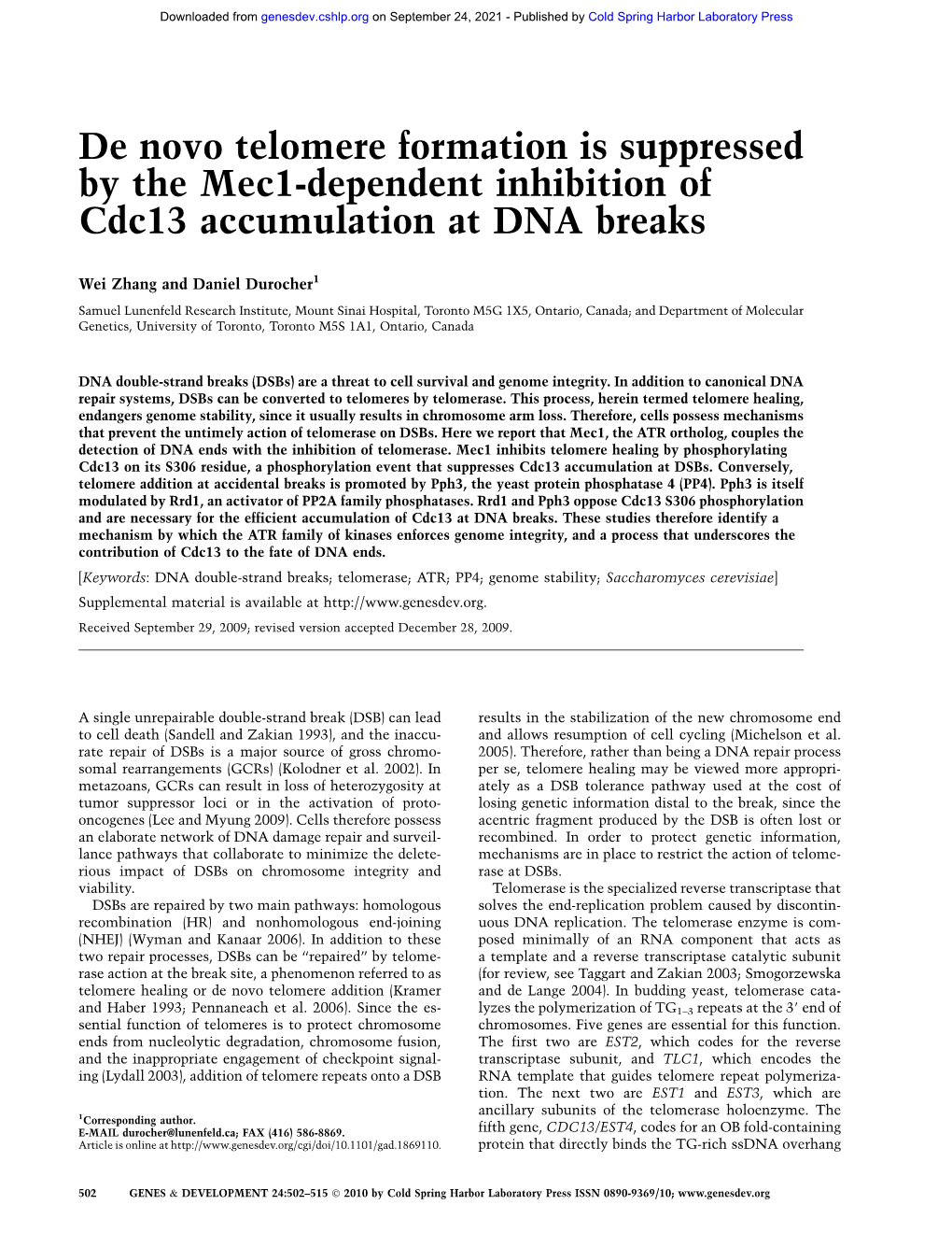 De Novo Telomere Formation Is Suppressed by the Mec1-Dependent Inhibition of Cdc13 Accumulation at DNA Breaks