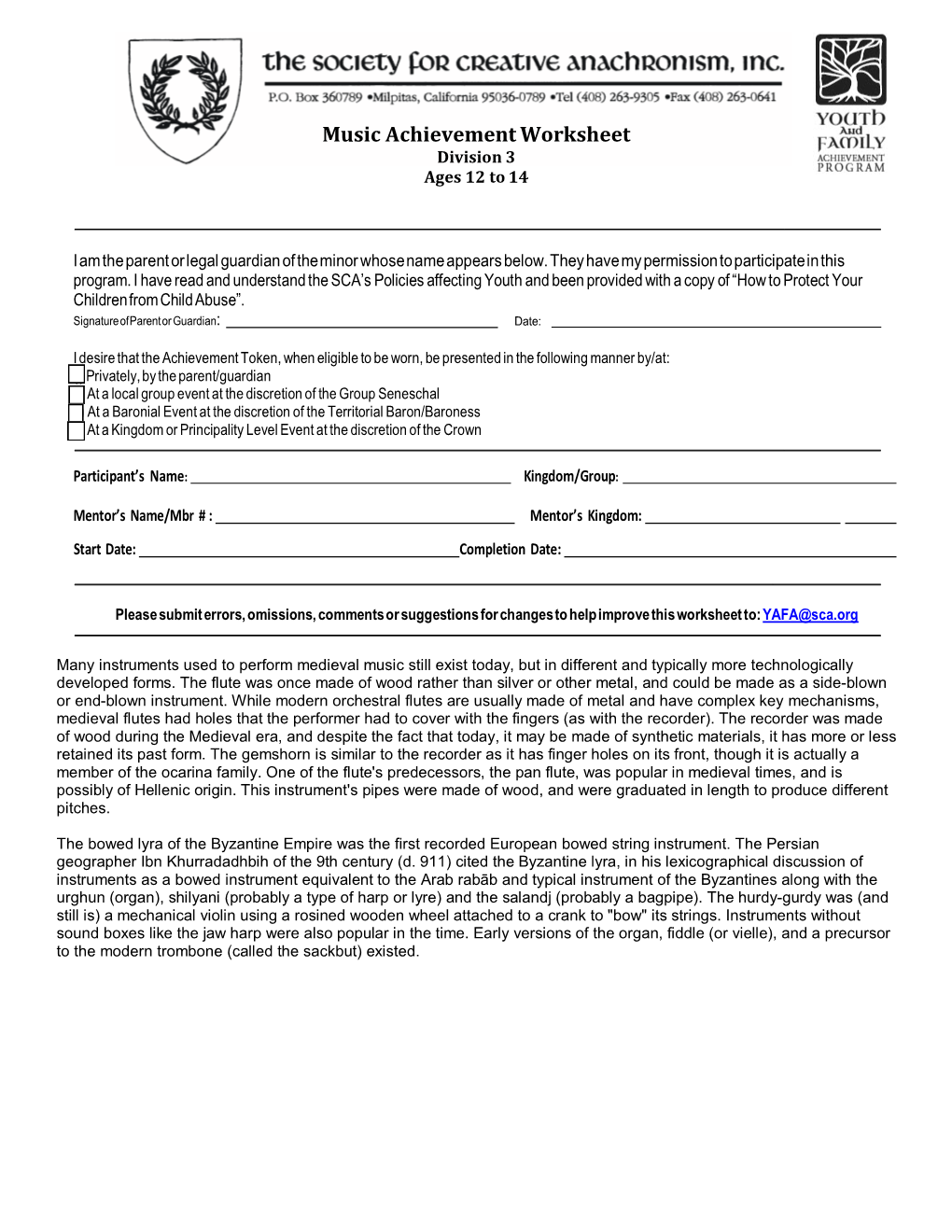 Music Achievement Worksheet Division 3 Ages 12 to 14