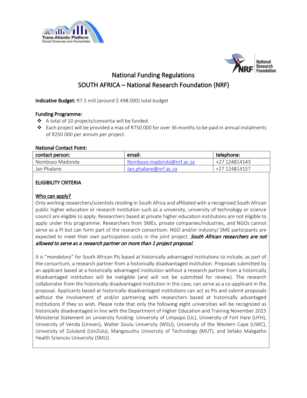 NRF National Funding Regulations