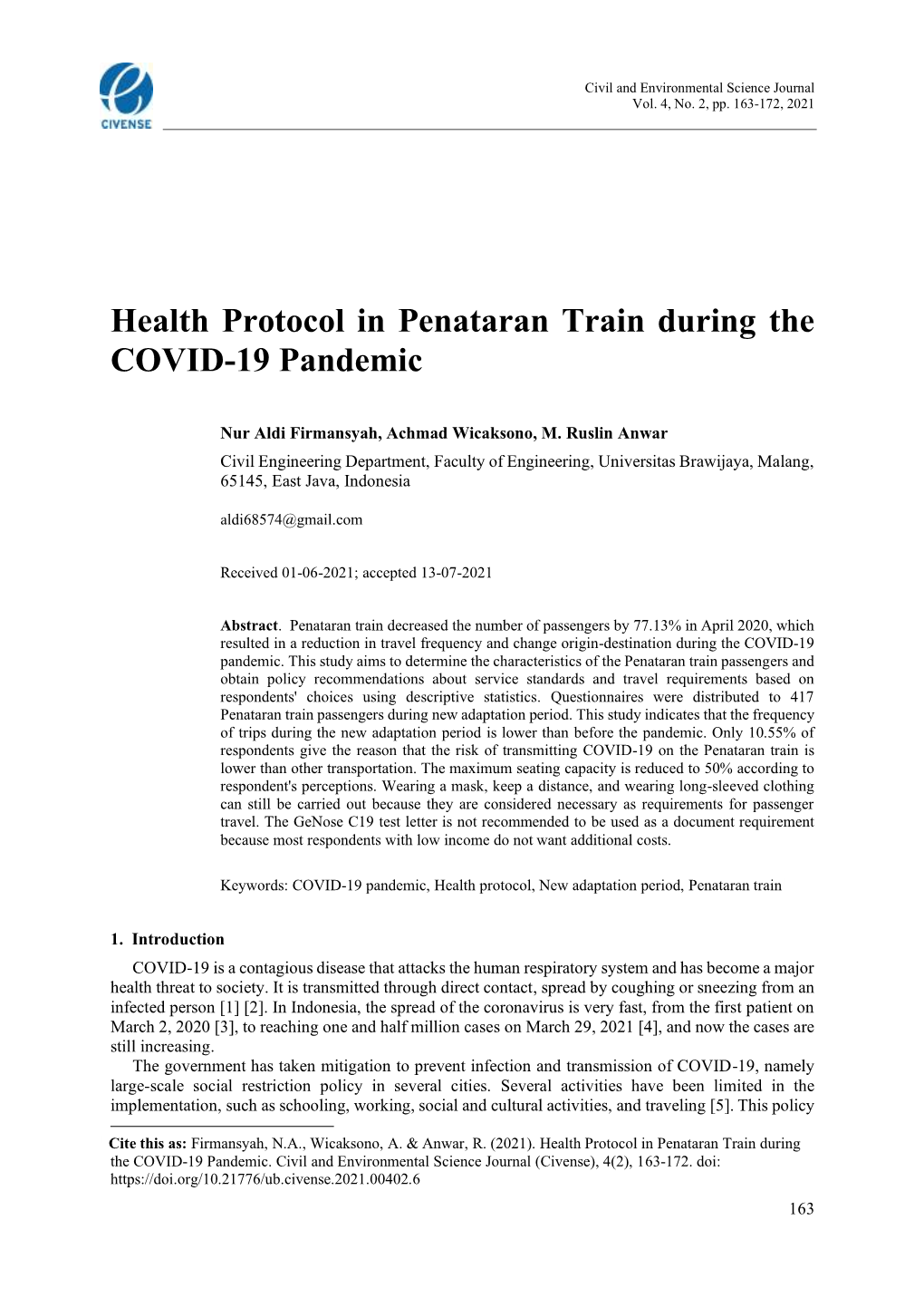 Health Protocol in Penataran Train During the COVID-19 Pandemic