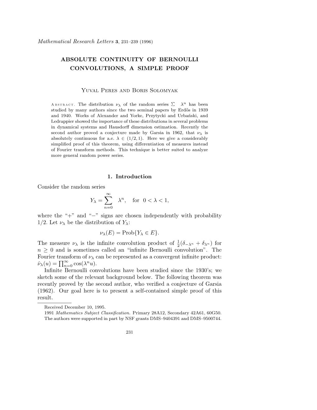 Absolute Continuity of Bernoulli Convolutions, a Simple Proof