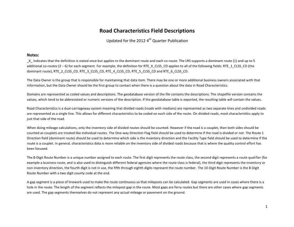Road Characteristics Field Descriptions