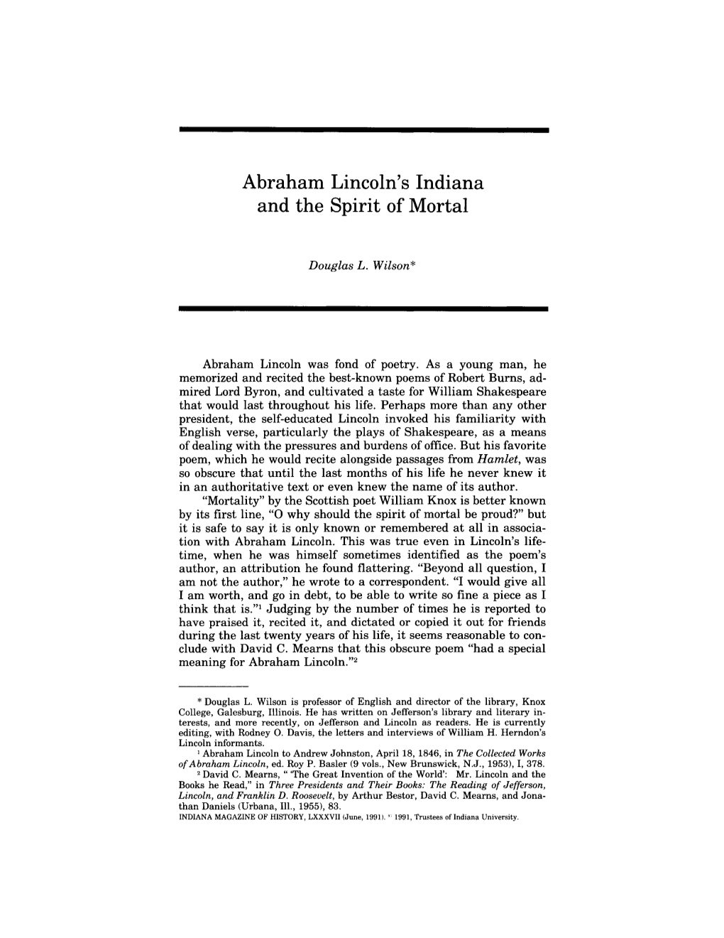 Abraham Lincoln's Indiana and the Spirit of Mortal