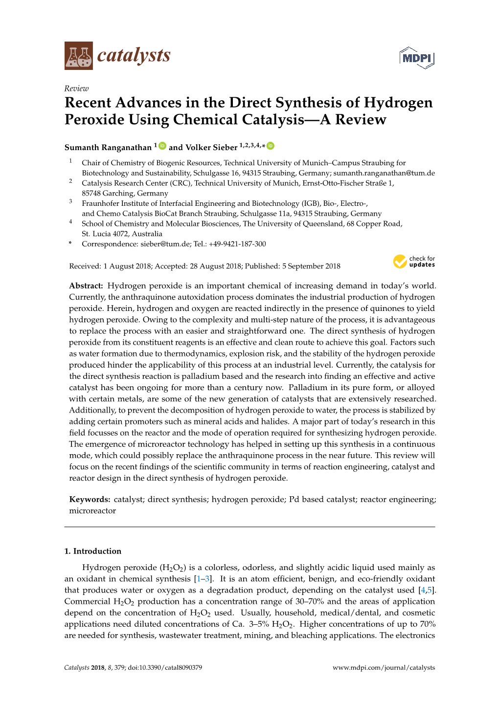 Recent Advances in the Direct Synthesis of Hydrogen Peroxide Using Chemical Catalysis—A Review