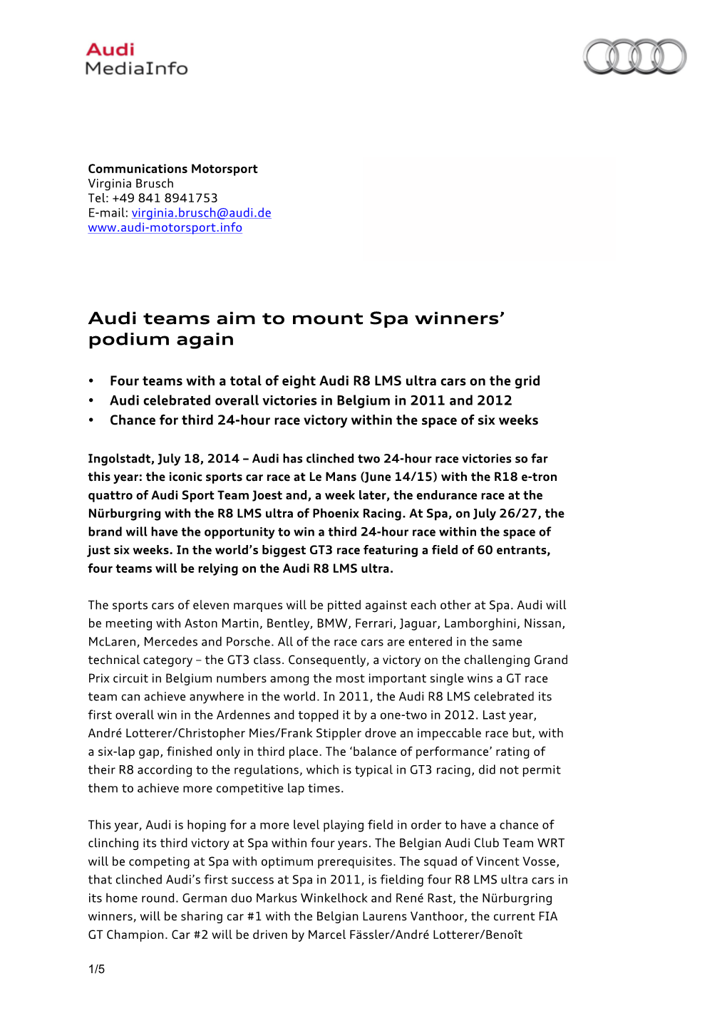Audi Teams Aim to Mount Spa Winners' Podium Again
