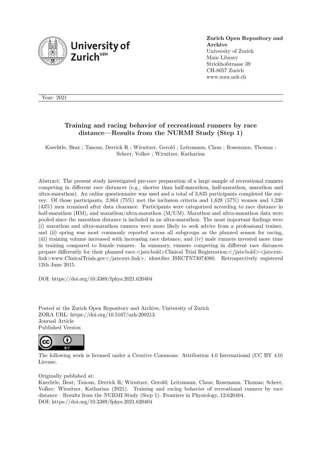 Training and Racing Behavior of Recreational Runners by Race Distance—Results from the NURMI Study (Step 1)