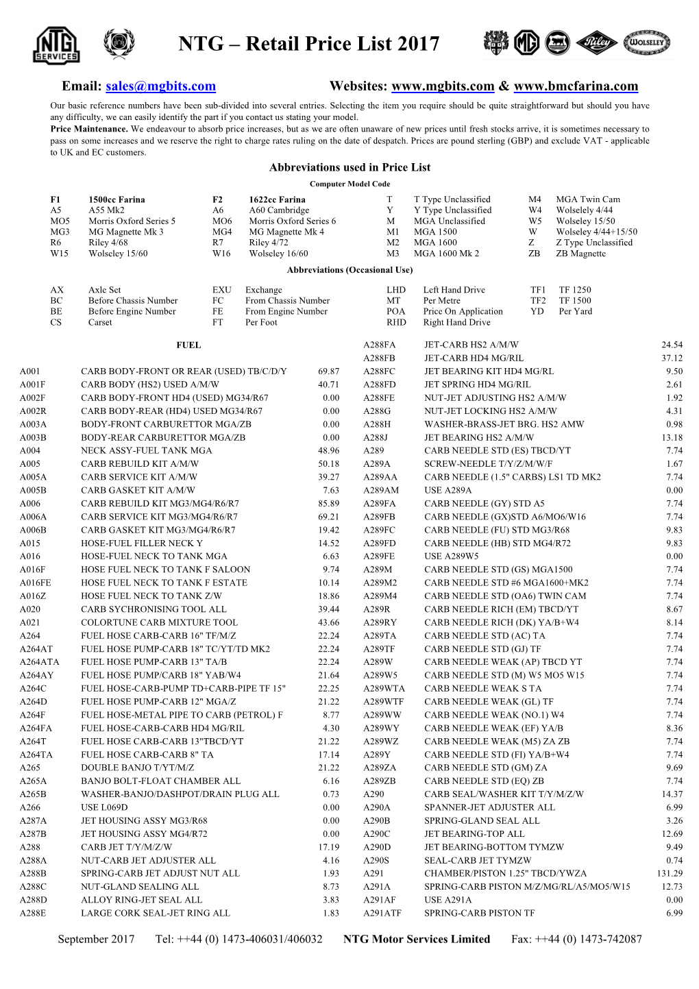 Retail Price List 2017