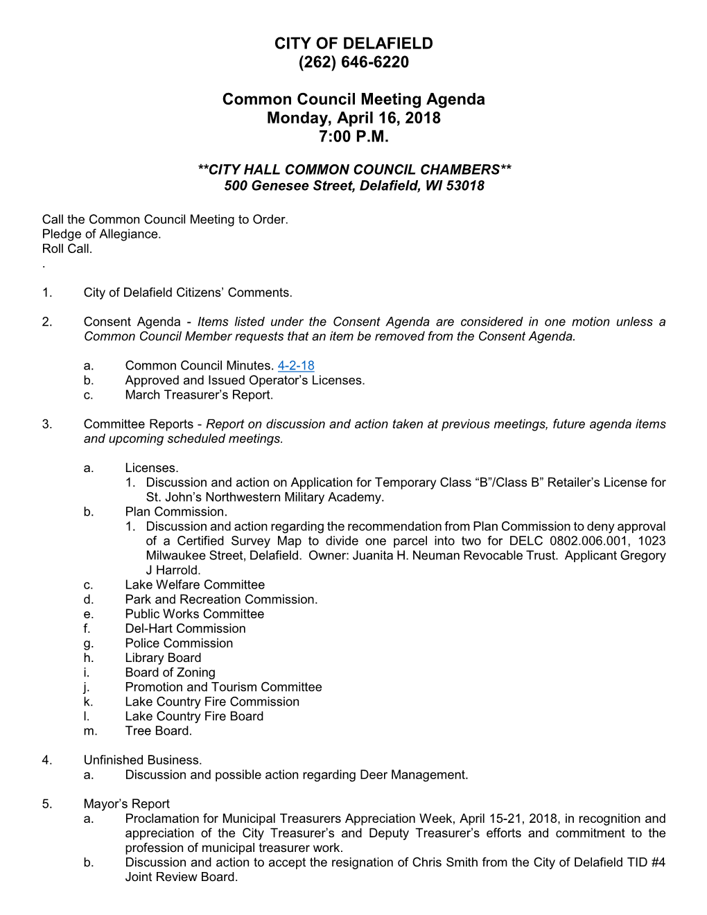 (262) 646-6220 Common Council Meeting Agenda Monday, April 16, 2018 7:00 PM