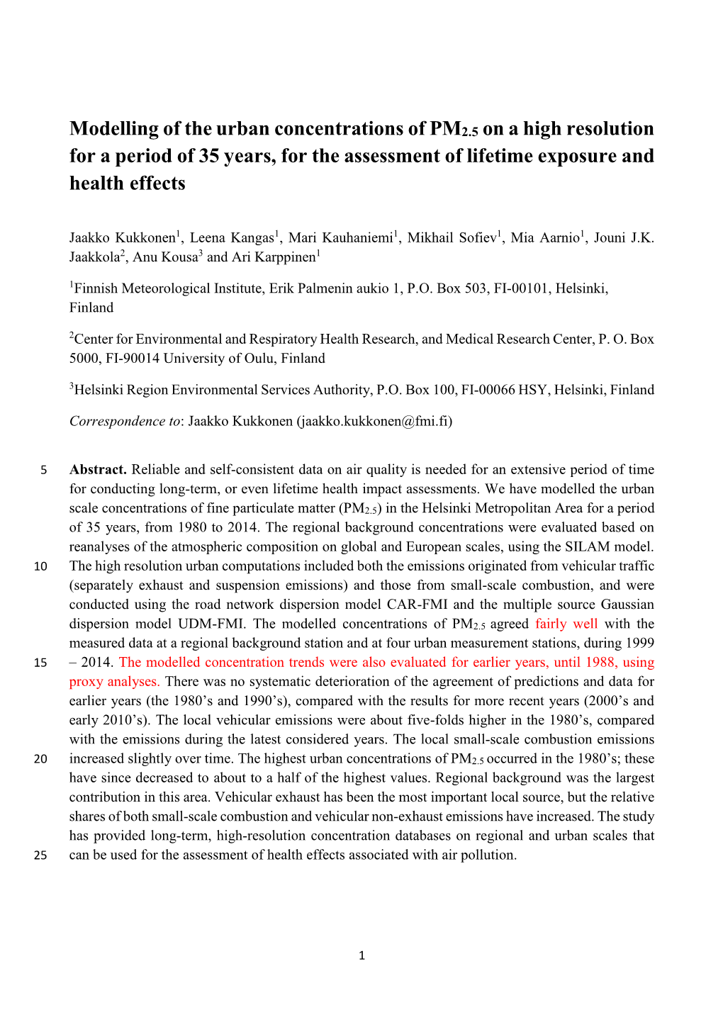 Modelling of the Urban Concentrations of PM2.5 on a High Resolution for a Period of 35 Years, for the Assessment of Lifetime Exposure and Health Effects