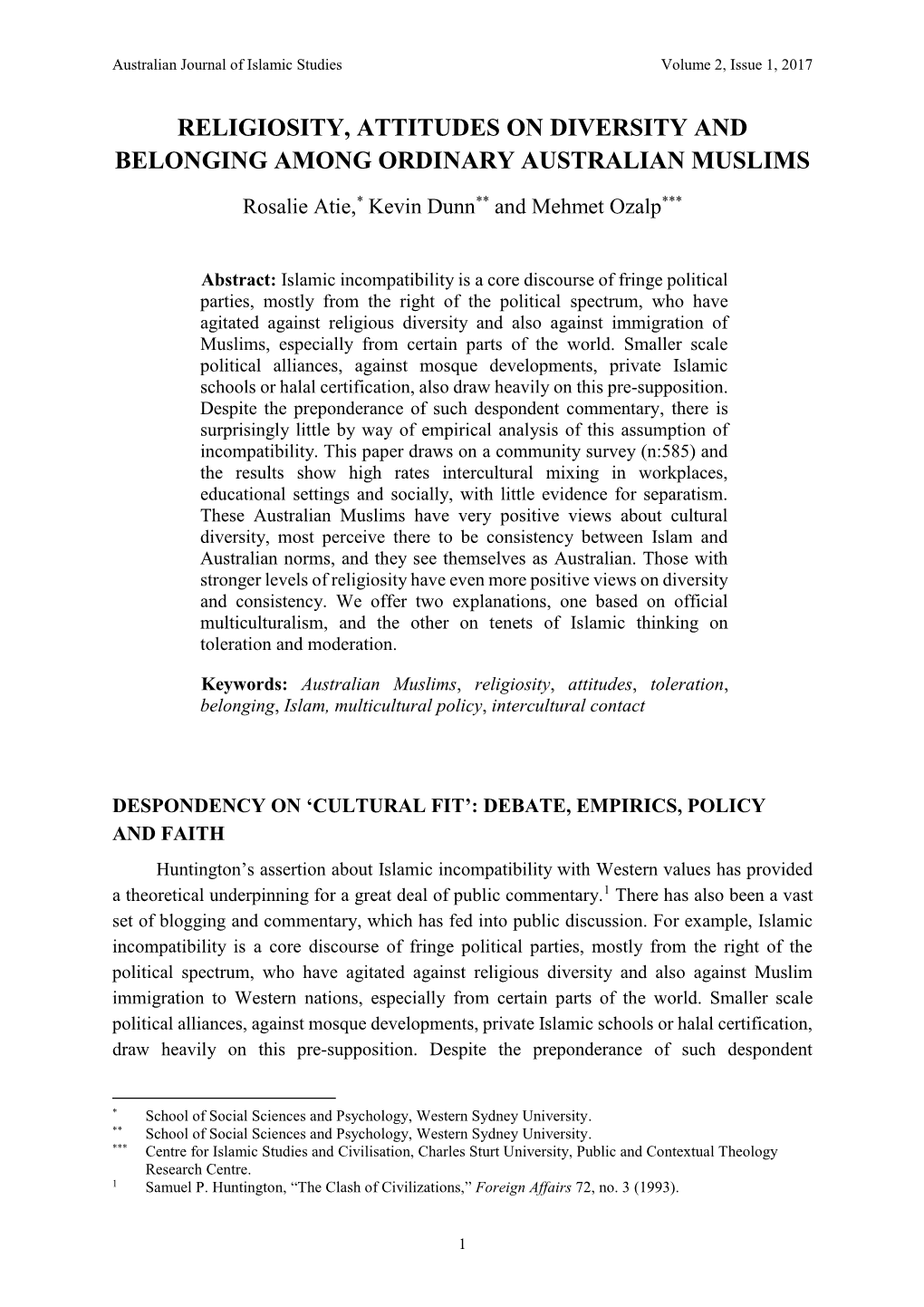 Religiosity, Attitudes on Diversity and Belonging Among Ordinary Australian Muslims